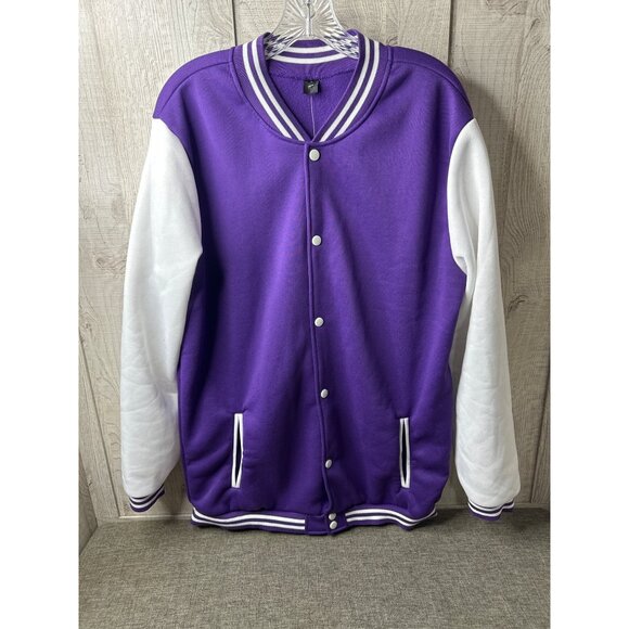 Varsity Jacket Purple White XL Snap Buttons Striped Collar Lightweight Pockets - Picture 1 of 5